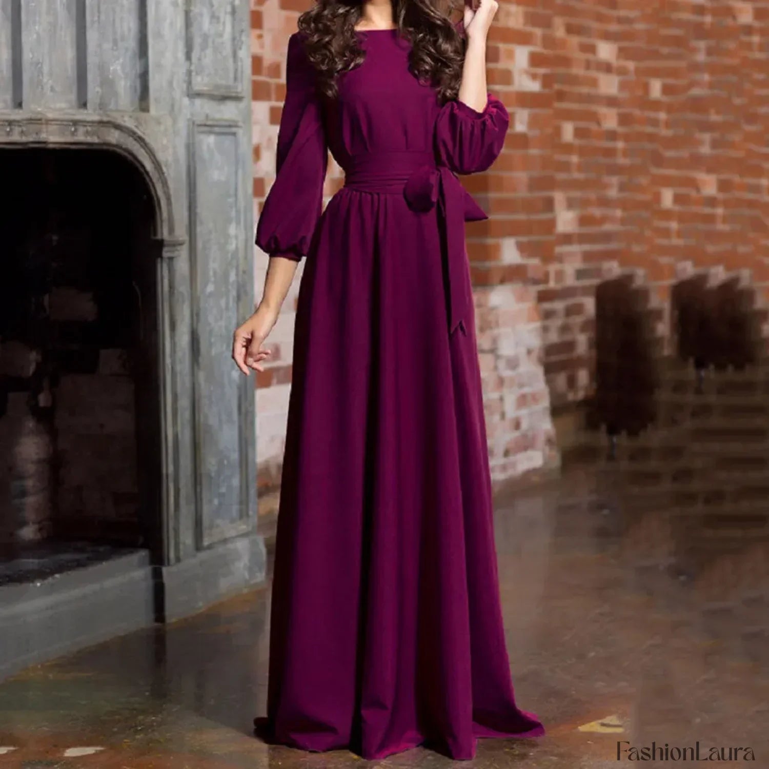 For Women 2024 Long Sleeve Crew Neck Solid Color Lantern Sleeve With Belt Formal Elegant Prom Dress
