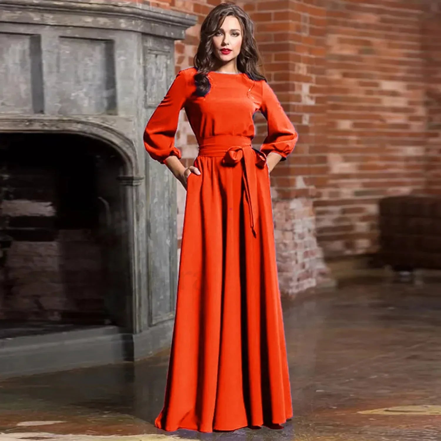 For Women 2024 Long Sleeve Crew Neck Solid Color Lantern Sleeve With Belt Formal Elegant Prom Dress