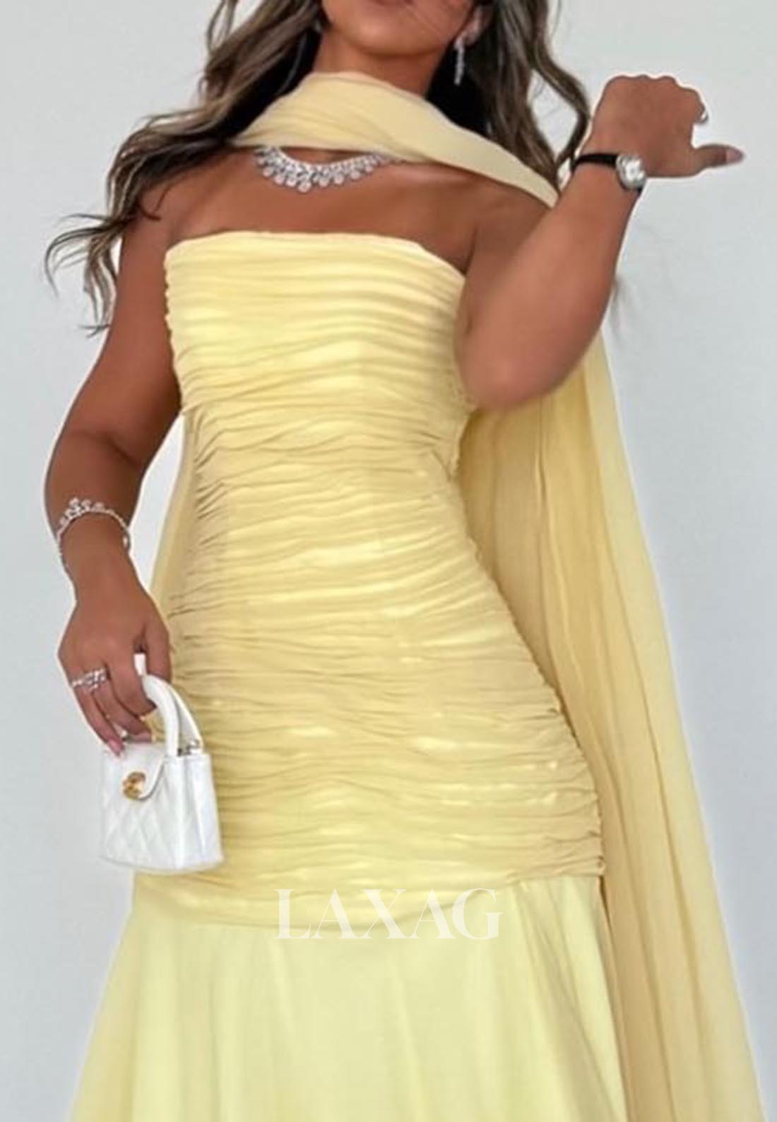 Tube Top Off-Shoulder Sleeveless A-Line Evening Dress Pleated Chiffon Sweep Train Formal Gowns