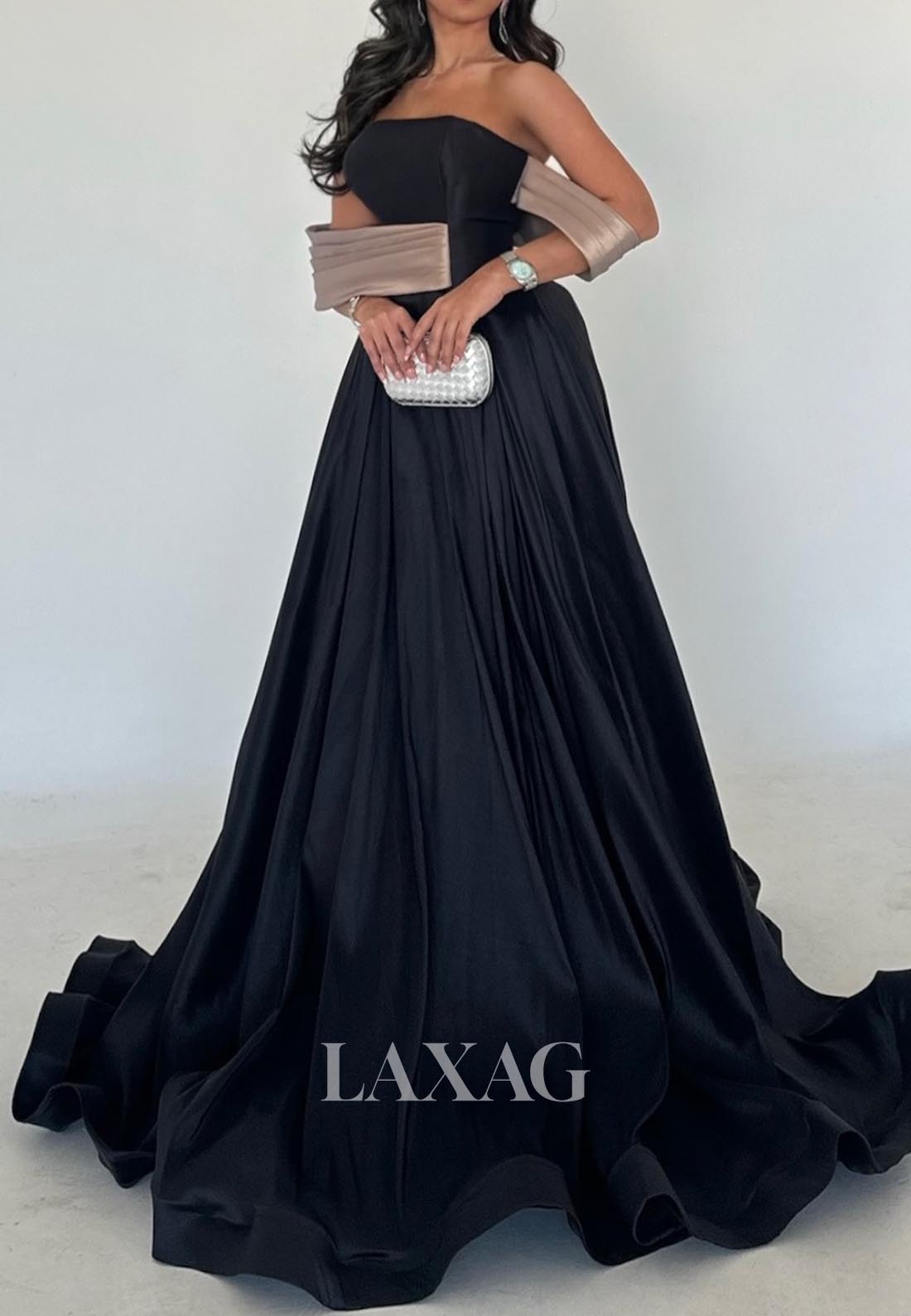 A-Line Tube Top Sleeveless Off-Shoulder Evening Dress Pleated Satin Sweep Train Formal Gowns
