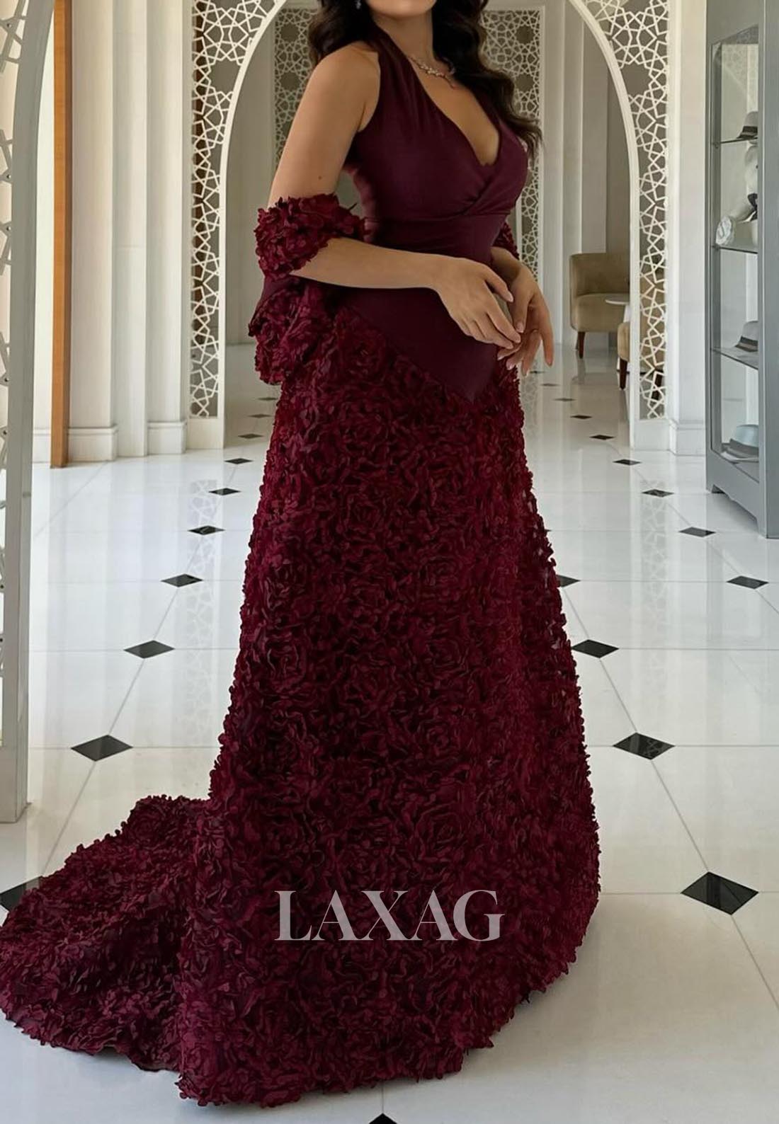 Halter V-Neck Sleeveless Pleated Satin Evening Dress Floral Embellished Sweep Train Formal Gowns