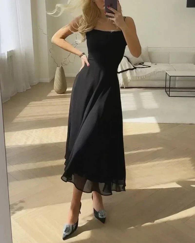 Square Neck Sleeveless Corset Seam A-Line Chiffon Midi Dress