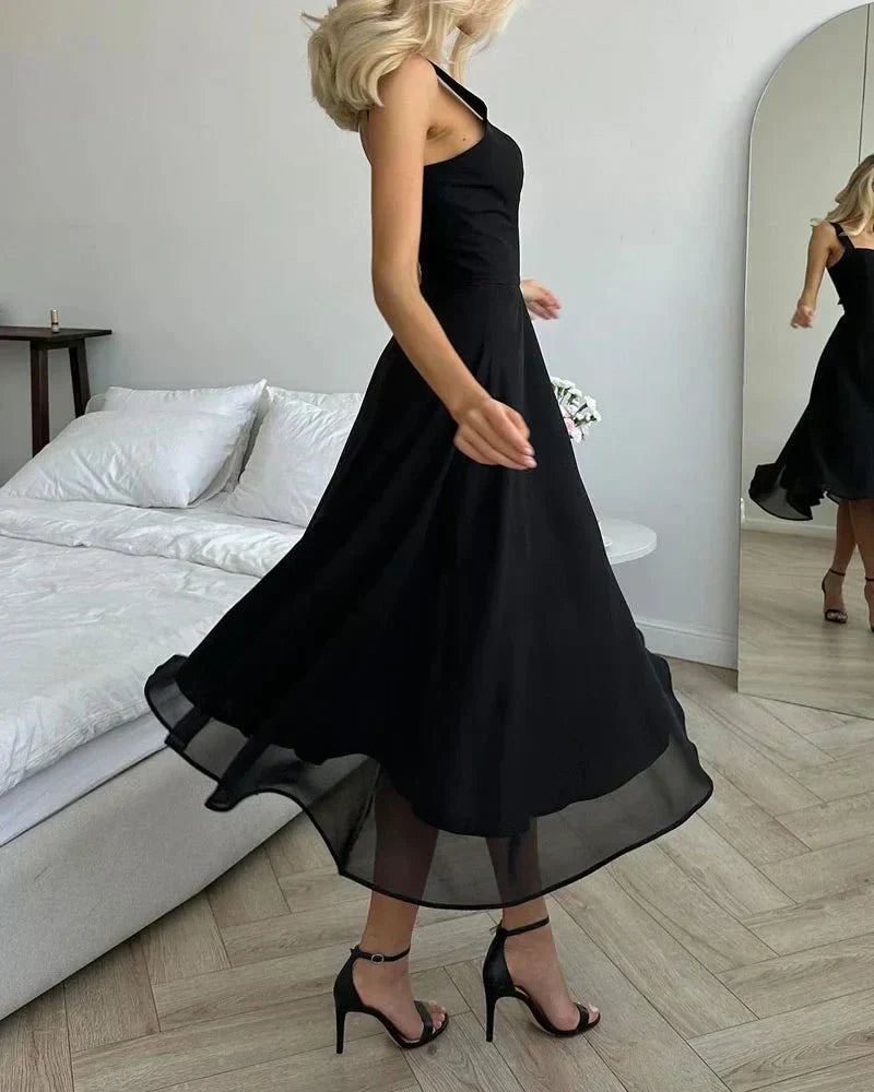 Square Neck Sleeveless Corset Seam A-Line Chiffon Midi Dress