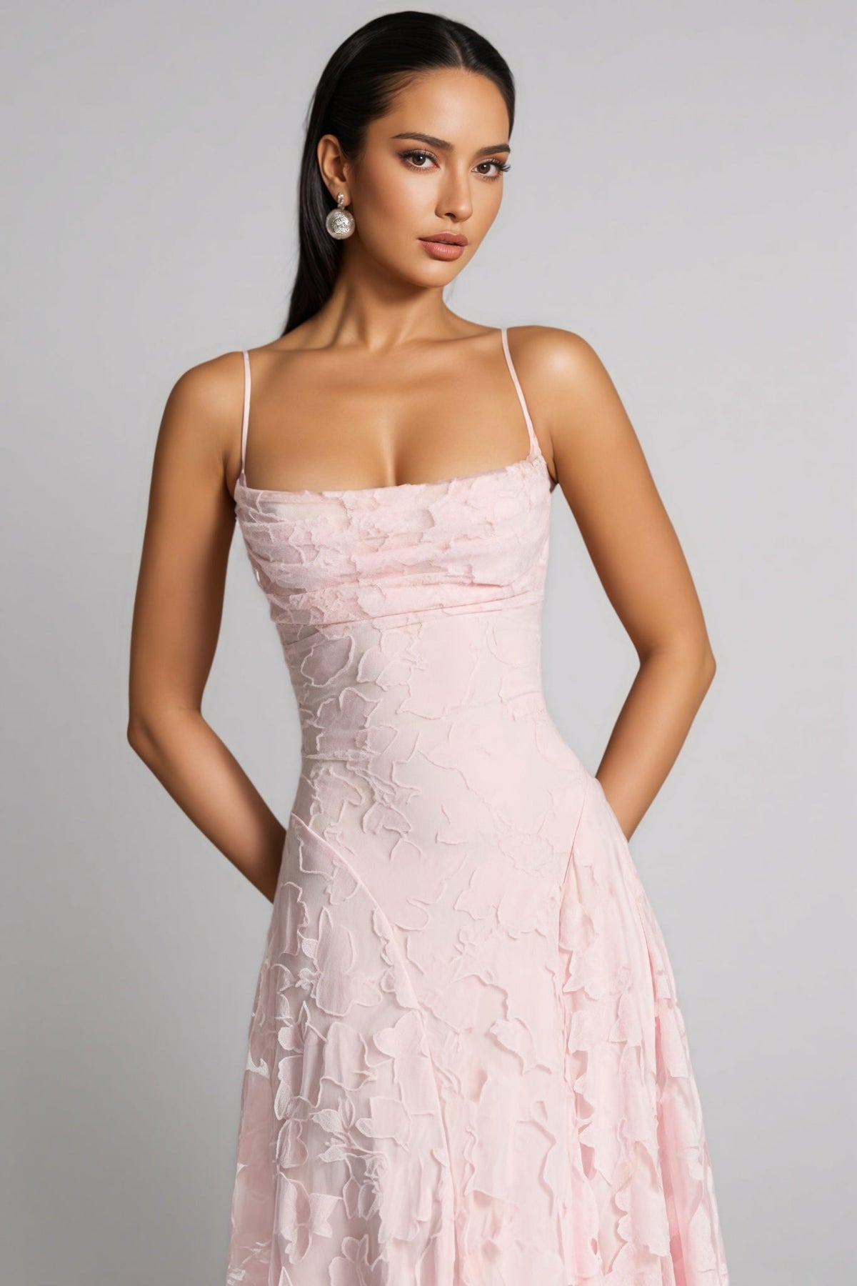 Floral Burnout Mesh Cowl Neck Spaghetti Strap A-Line Maxi Gown 2