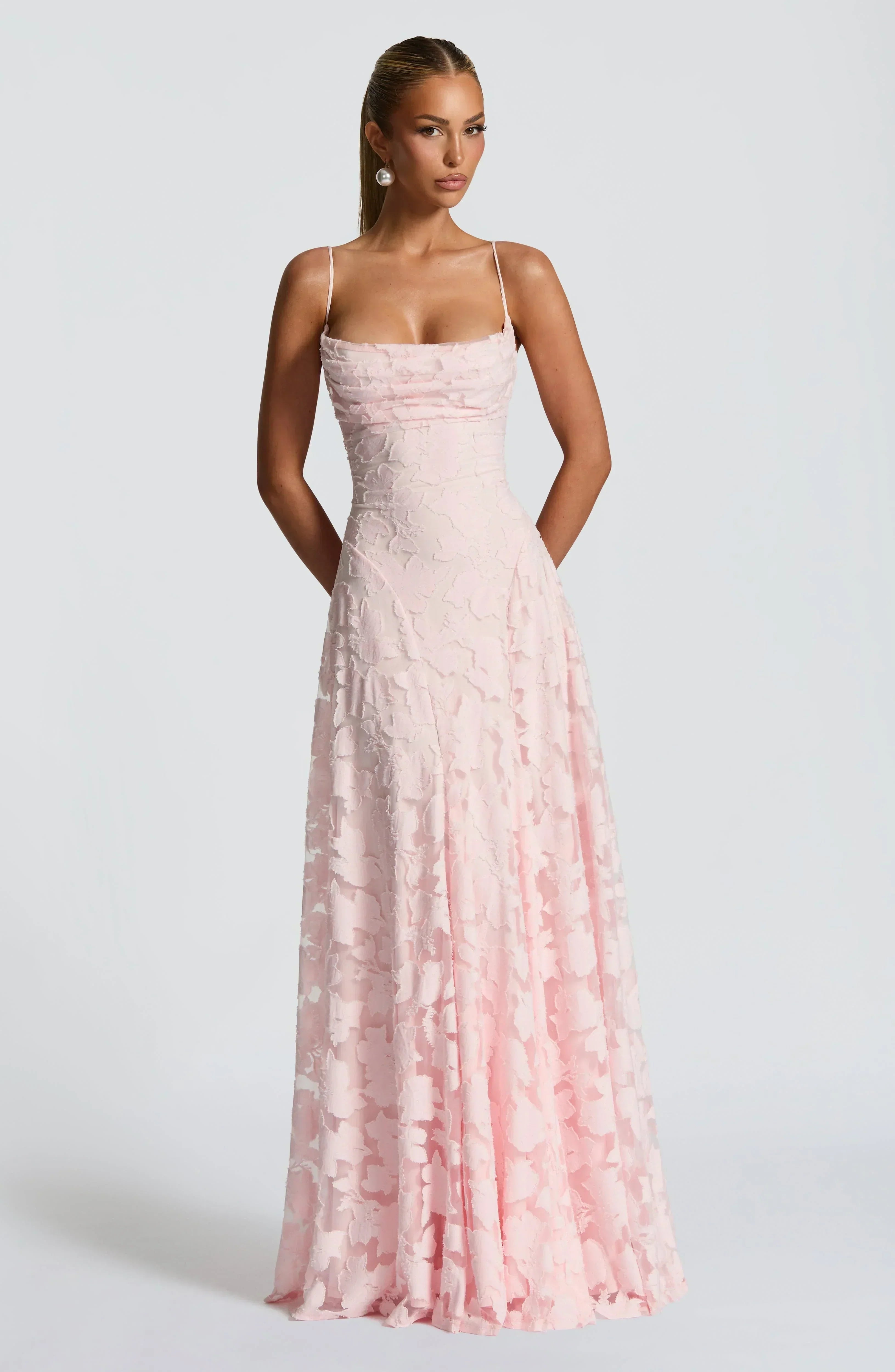Floral Lace Square Neck Ruched Spaghetti Strap A-Line Maxi Gown