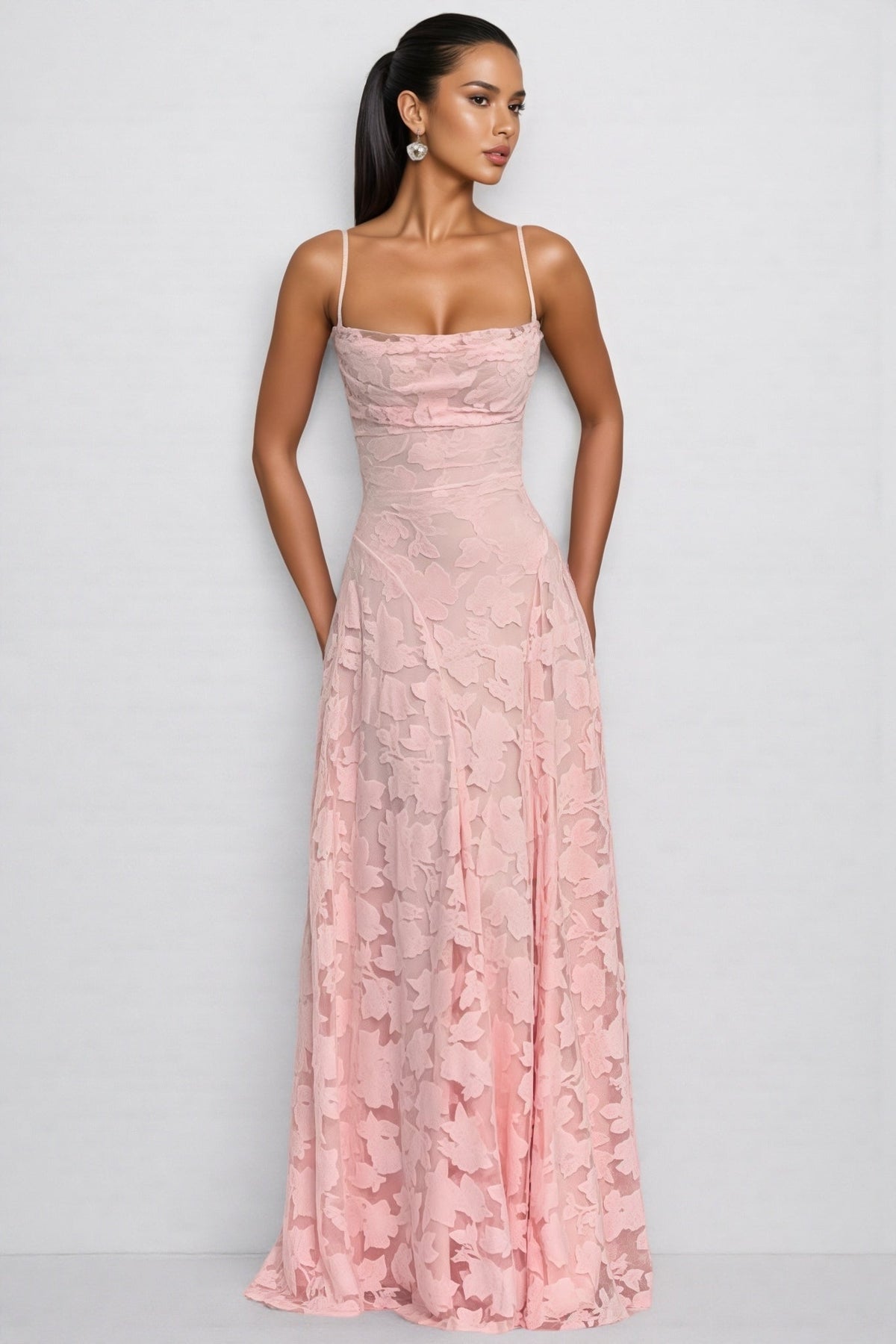 Floral Burnout Mesh Cowl Neck Spaghetti Strap A-Line Maxi Gown 3