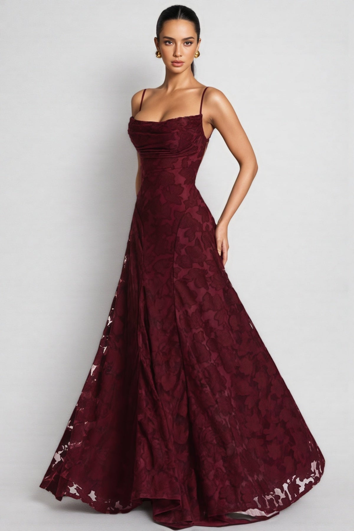 Cowl Neck Spaghetti Strap Floral Burnout Mesh A-Line Maxi Gown