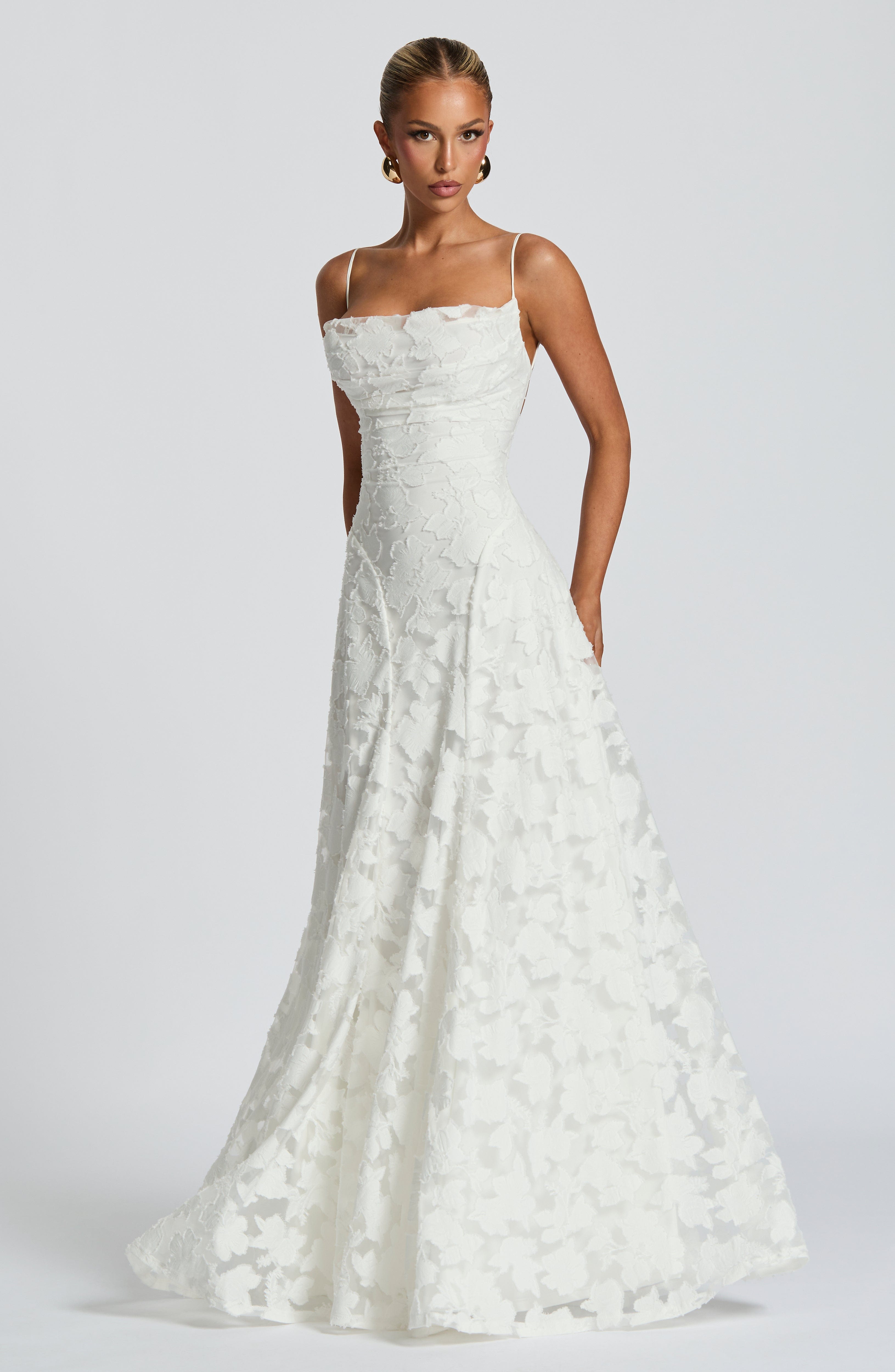 Floral Lace Square Neck Ruched Spaghetti Strap A-Line Maxi Gown