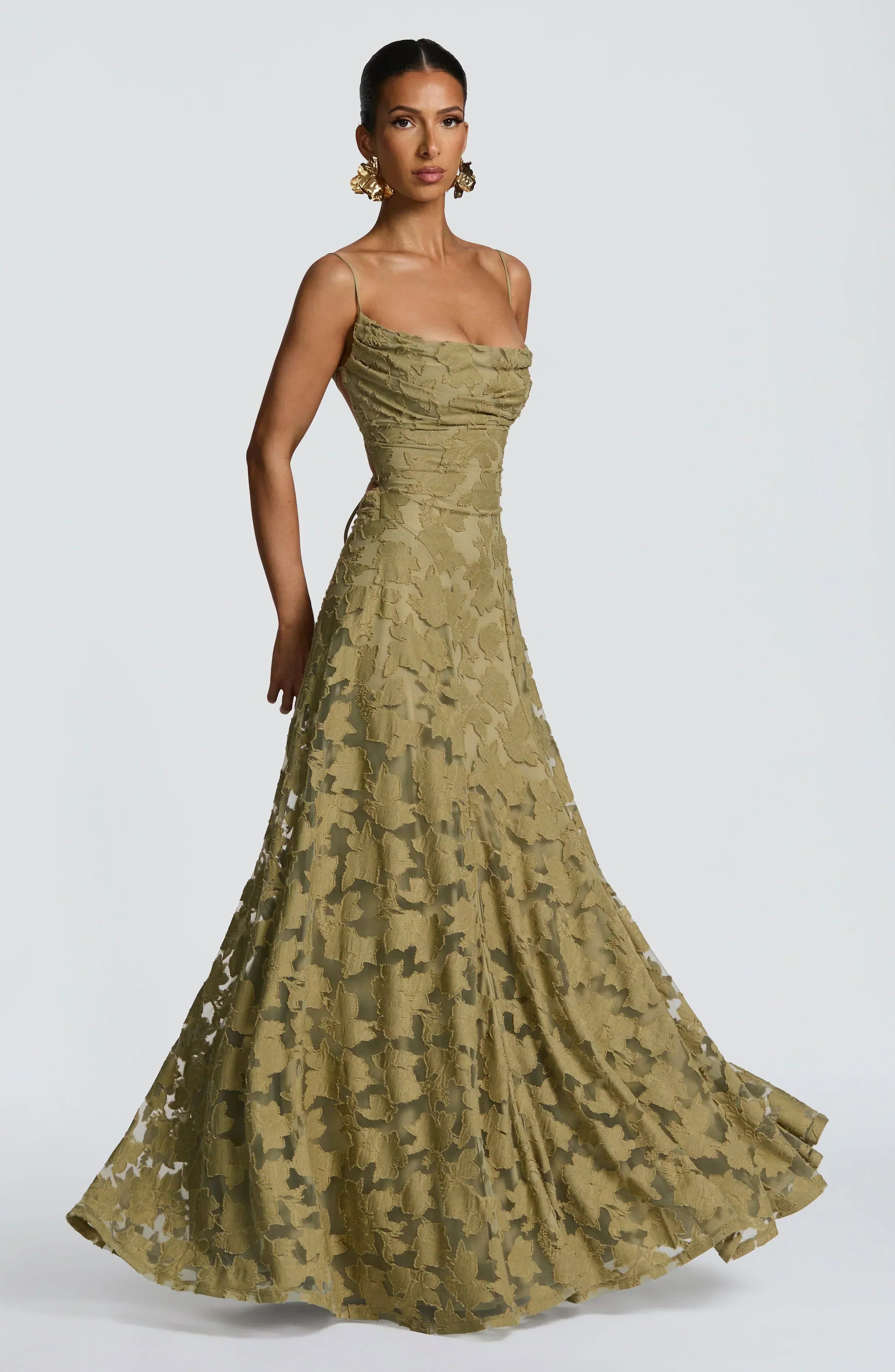 Floral Lace Square Neck Ruched Spaghetti Strap A-Line Maxi Gown