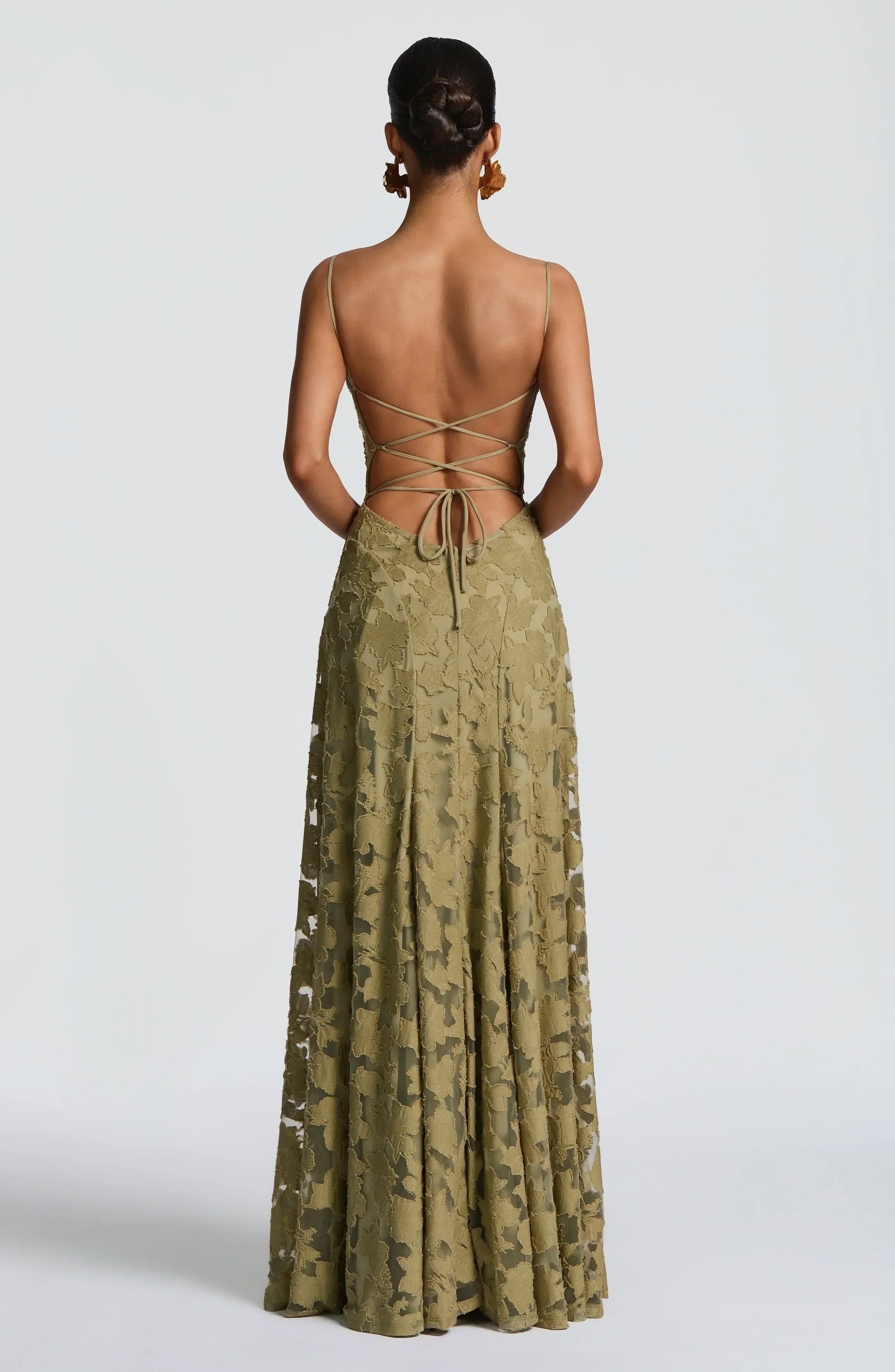 Floral Lace Square Neck Ruched Spaghetti Strap A-Line Maxi Gown