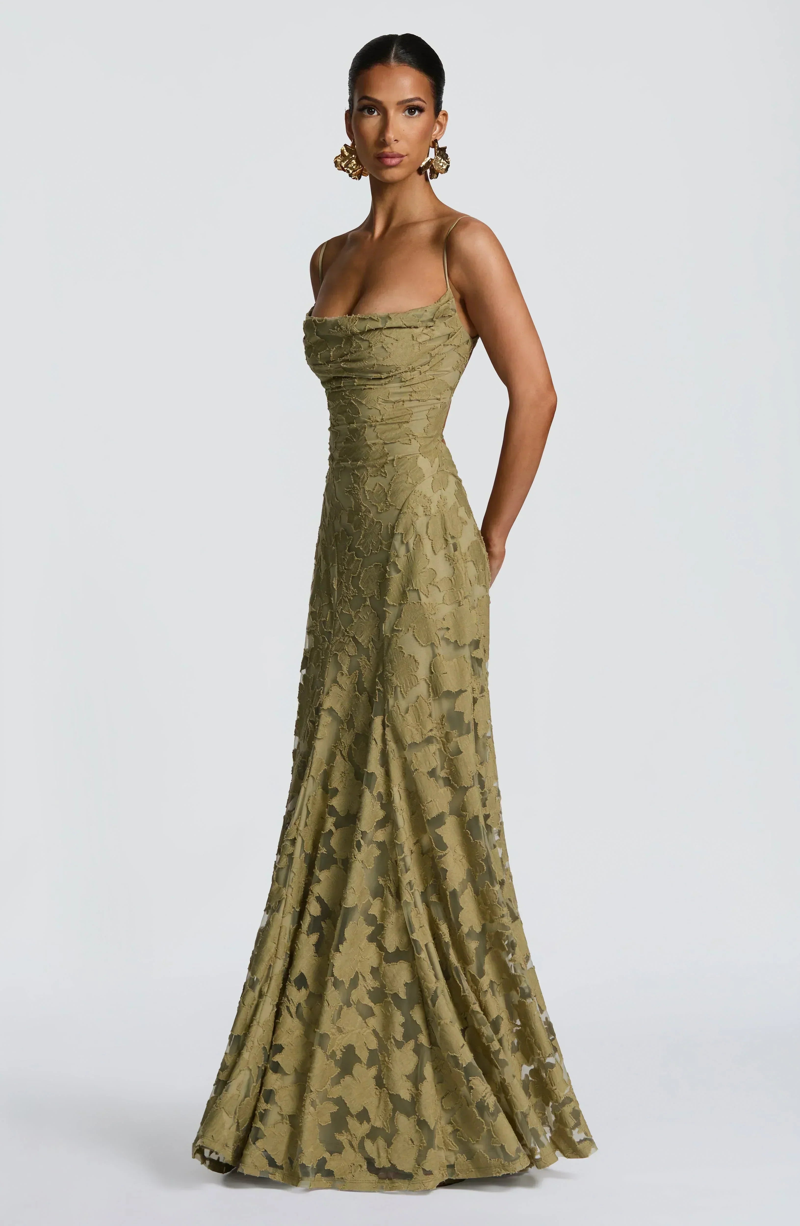 Floral Lace Square Neck Ruched Spaghetti Strap A-Line Maxi Gown