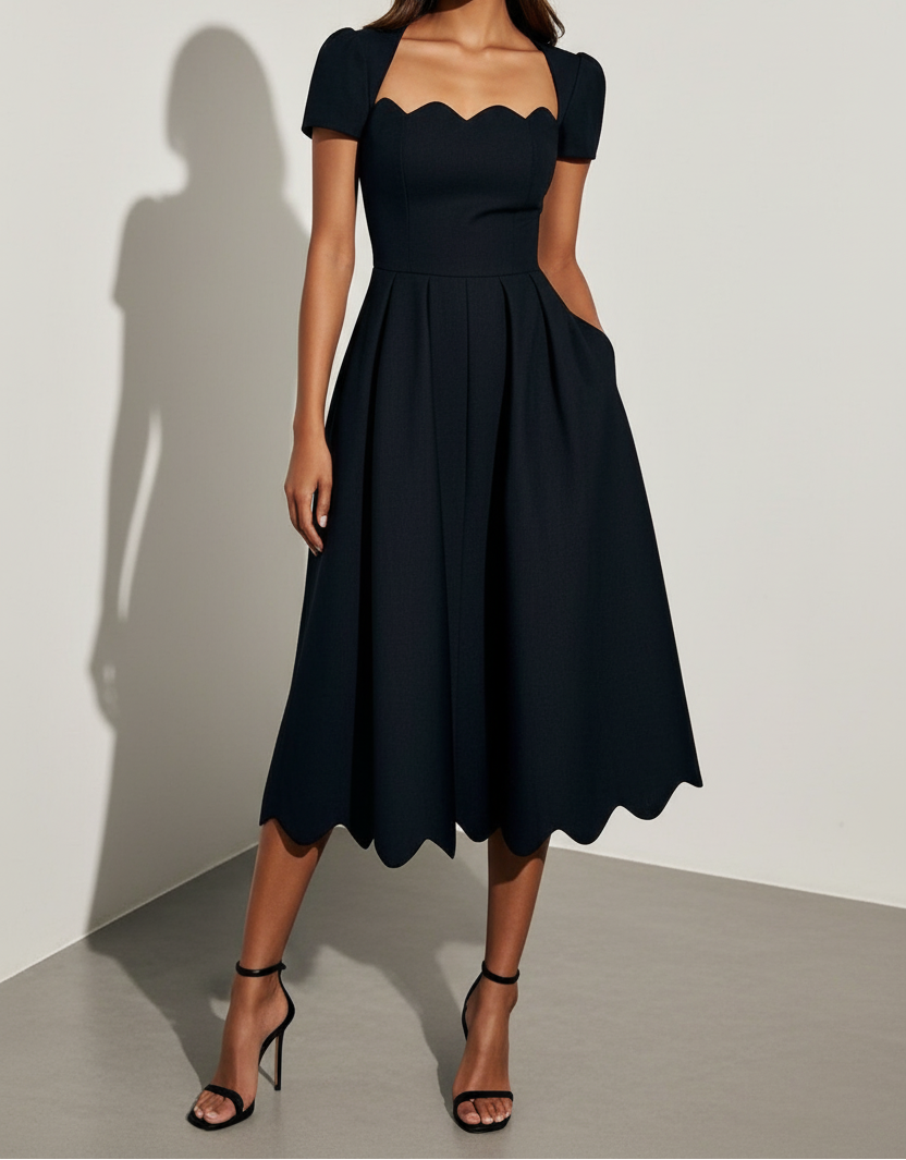 Scalloped Neck Short Sleeve Fit and Flare Midi Dress
