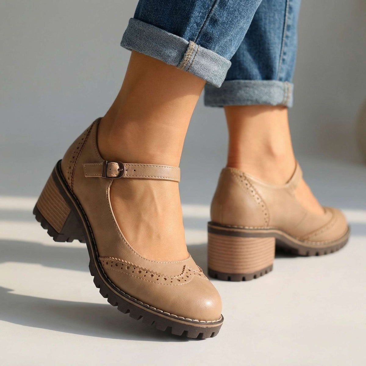 Brogue Mary Jane Ankle Strap Block Heel Lug Sole Shoes