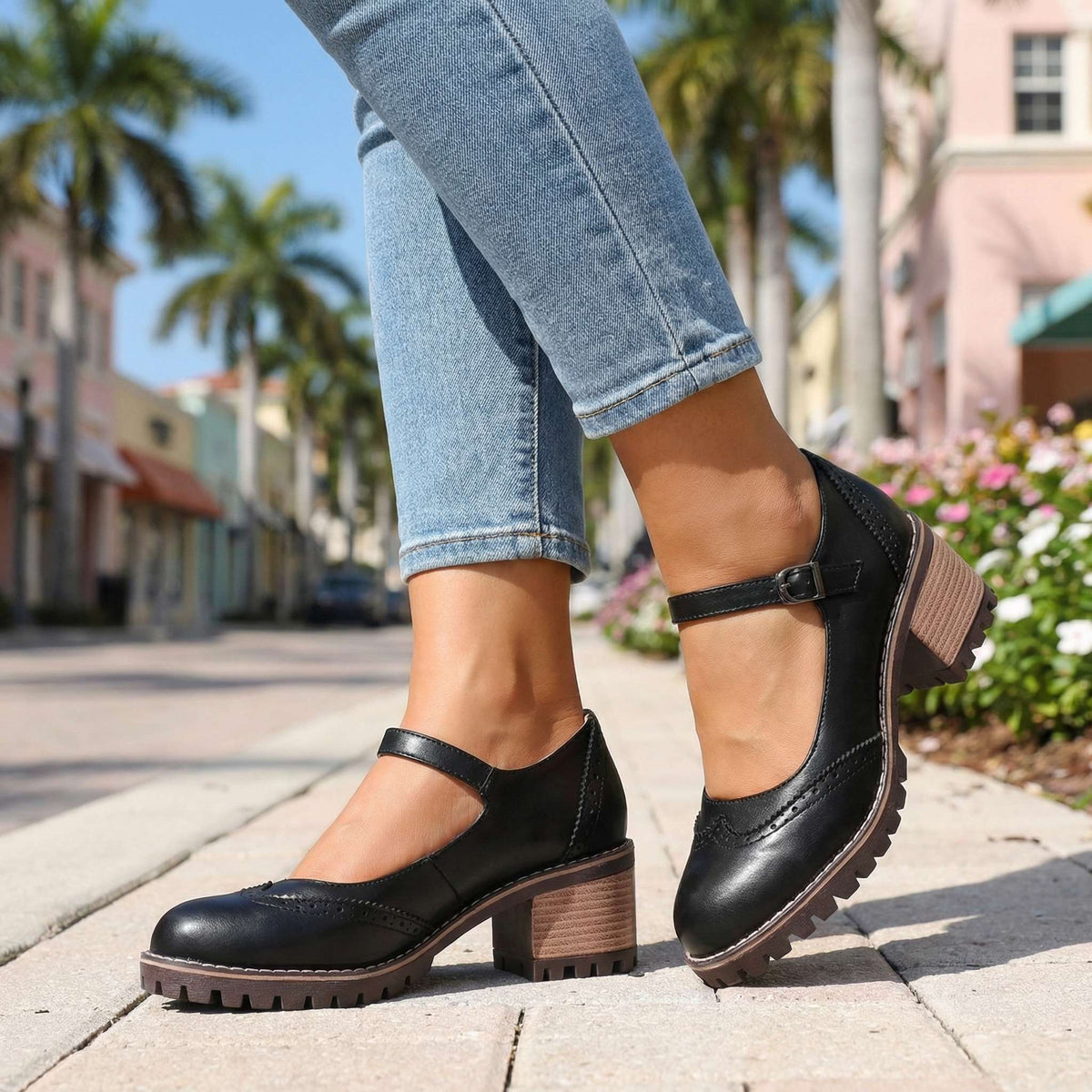 Brogue Mary Jane Ankle Strap Block Heel Lug Sole Shoes