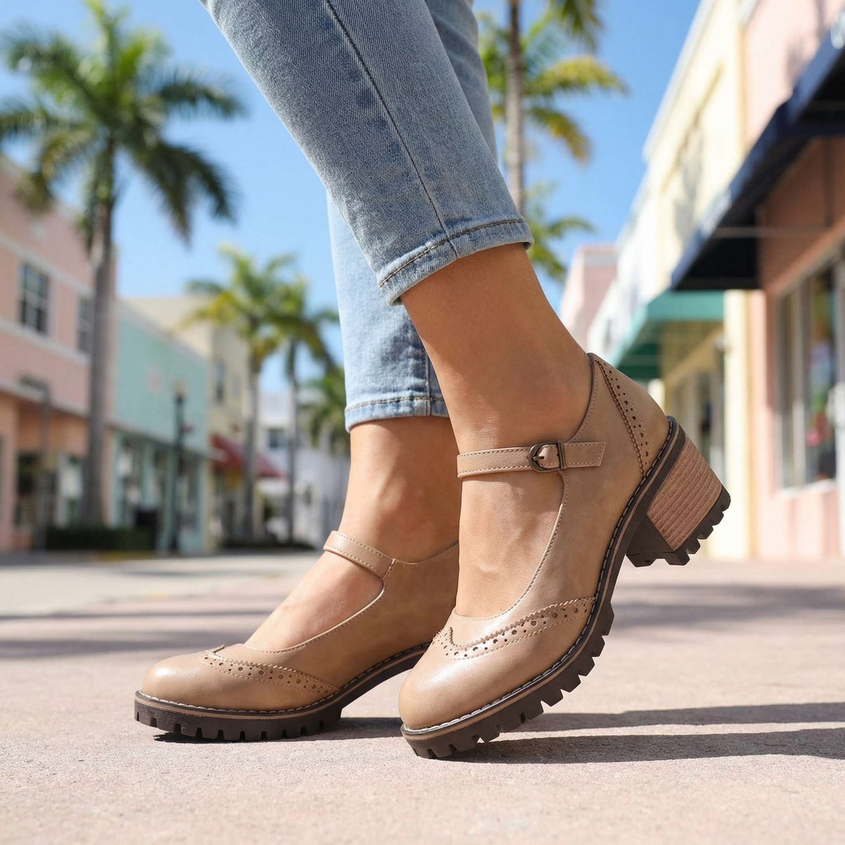 Brogue Mary Jane Ankle Strap Block Heel Lug Sole Shoes