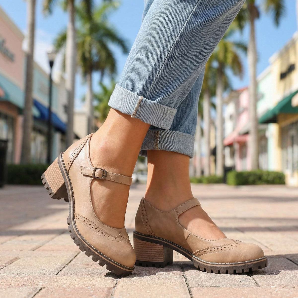 Brogue Mary Jane Ankle Strap Block Heel Lug Sole Shoes