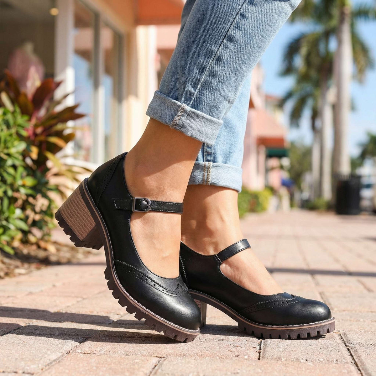 Brogue Mary Jane Ankle Strap Block Heel Lug Sole Shoes