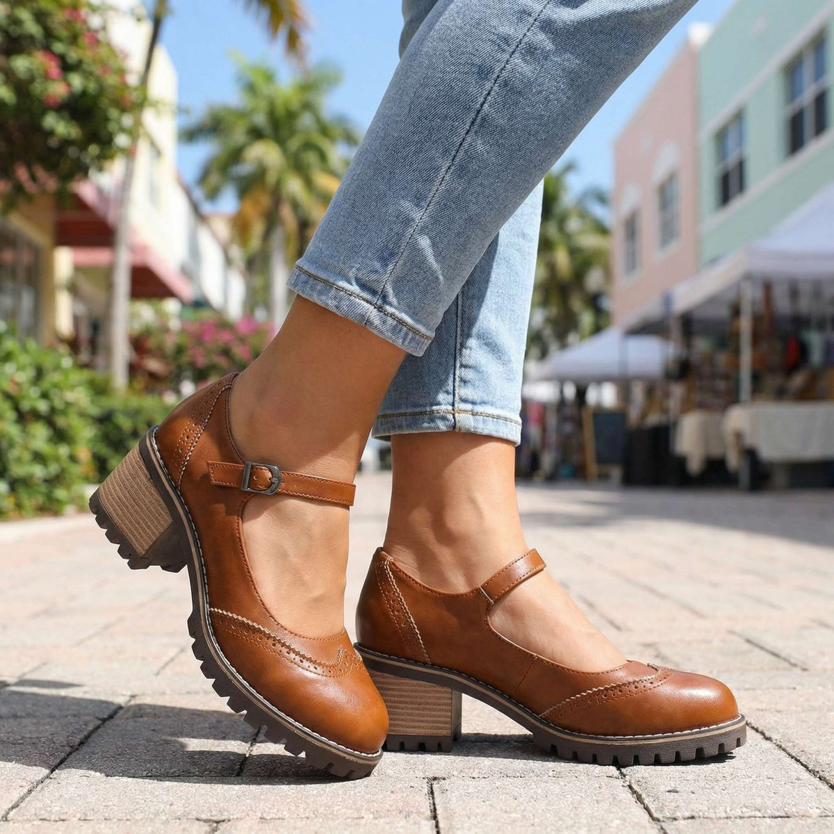 Brogue Mary Jane Ankle Strap Block Heel Lug Sole Shoes