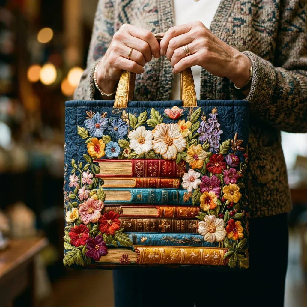Floral Stacked Books Print Quilted Tote Bag