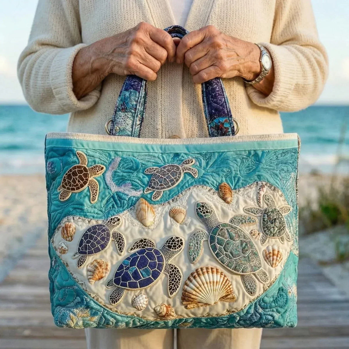 Sea Turtle and Shell Quilted Tote Bag 2