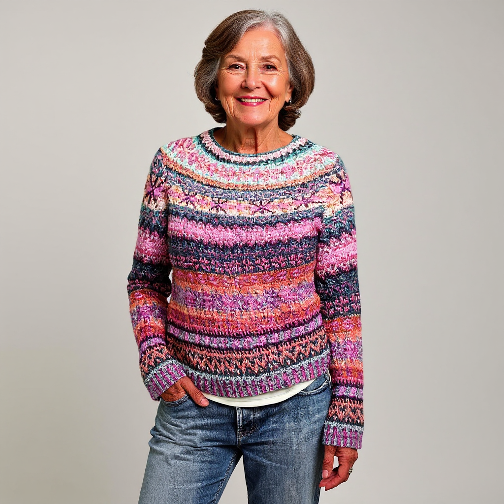 Crew Neck Long Sleeve Fair Isle Striped Knit Sweater