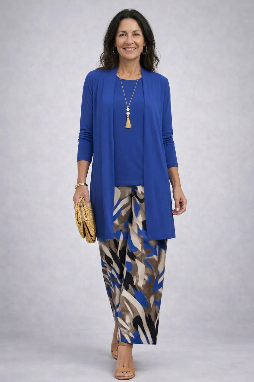 Longline Cardigan Tank and Brushstroke Print Pants Three Piece Set