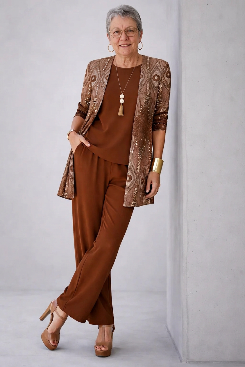 Sequin Open Front Jacket Tank and Wide Leg Pants Three Piece Set