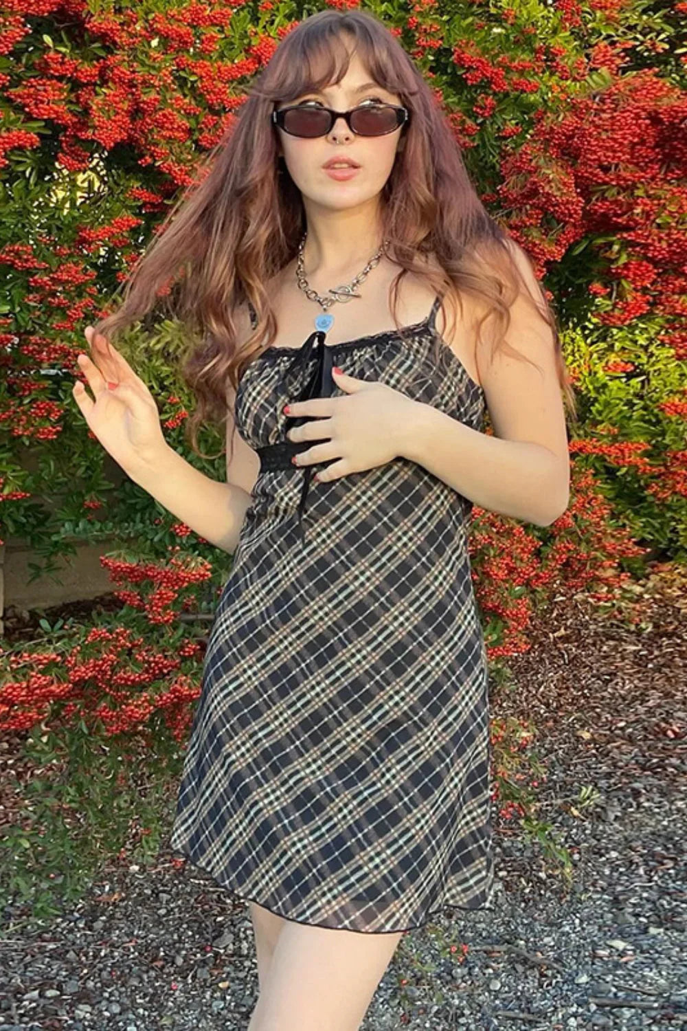 French Checkered Cami Lace Mesh A-Line Mini Dress