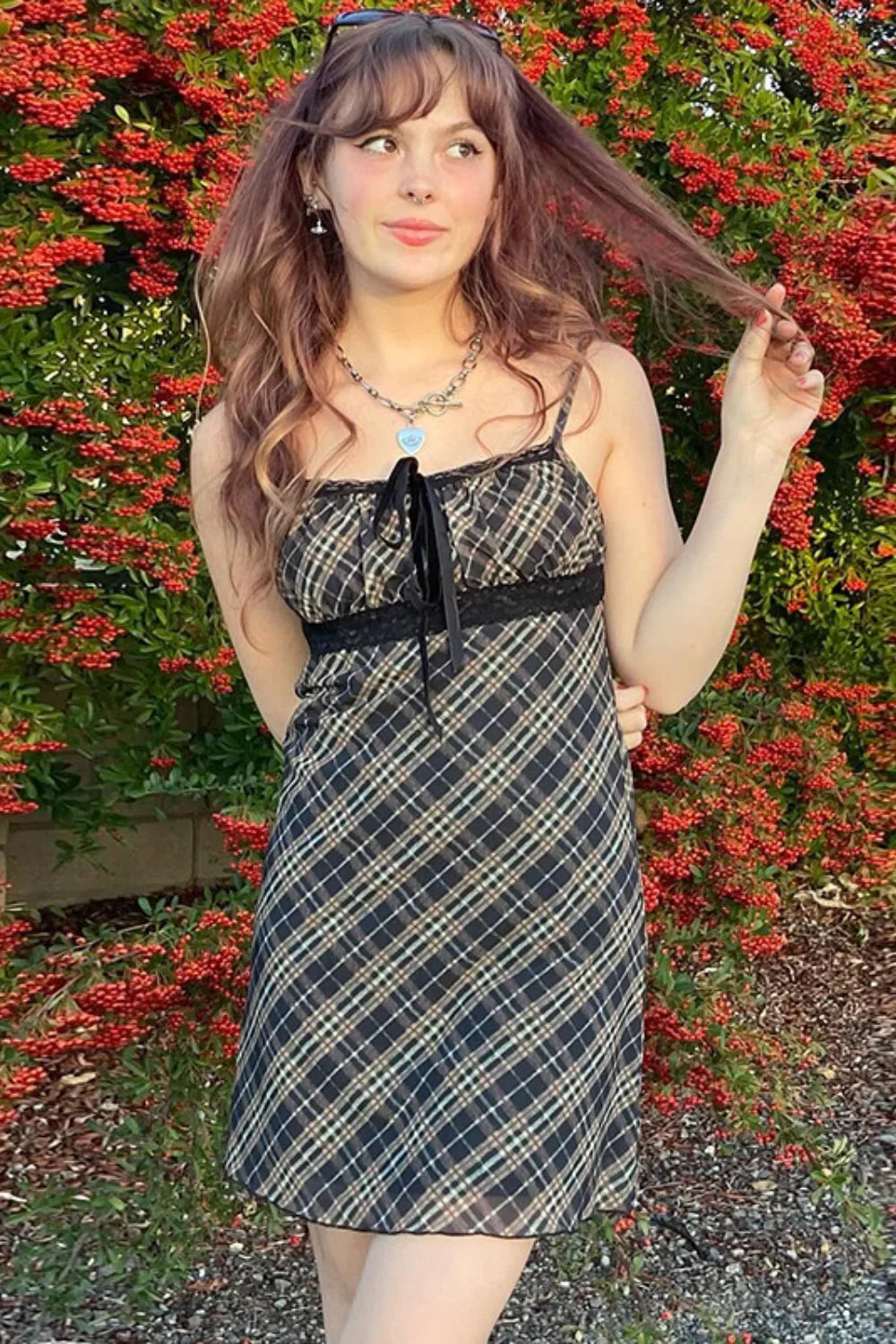 French Checkered Cami Lace Mesh A-Line Mini Dress