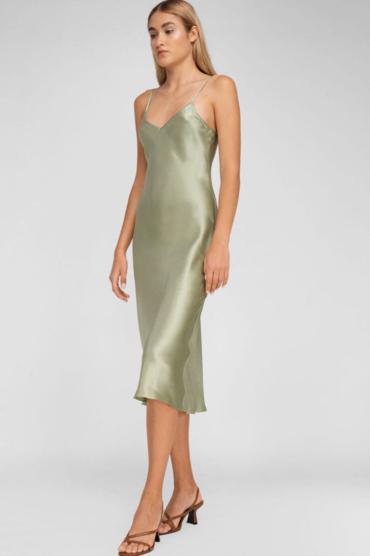 Spaghetti Strap V-Neck Satin Slip Midi Dress