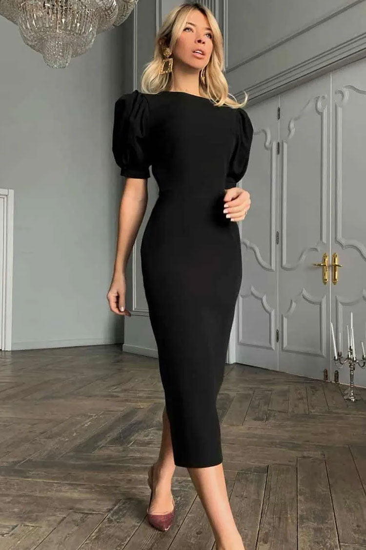 French Crew Neck Puff Sleeve Cocktail Party Midi Dress - Black 3