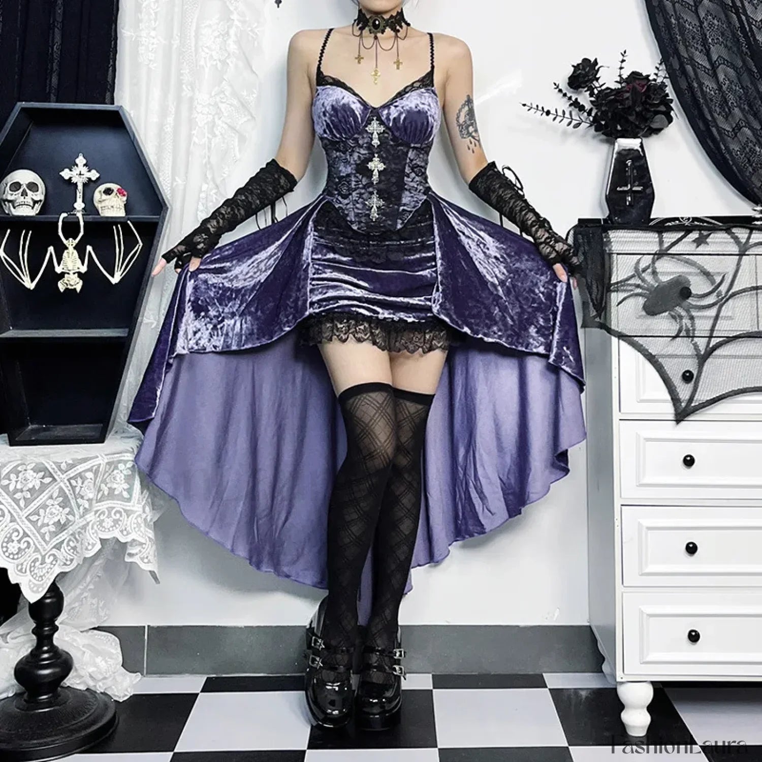 French Fashion Slim Sling Trailing Gothic Dark High Waist Irregular Fairy Grunge Dress