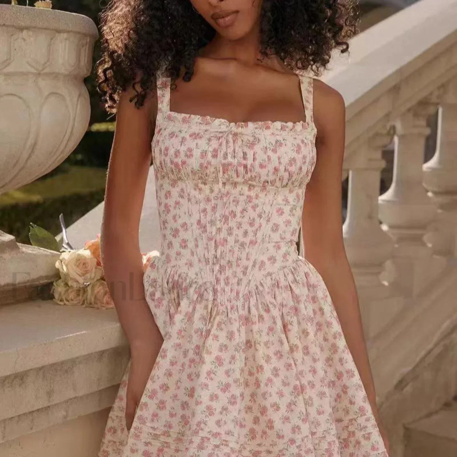 French Hepburn Style Black Strappy A Line Mini Dress Pink Flower / S