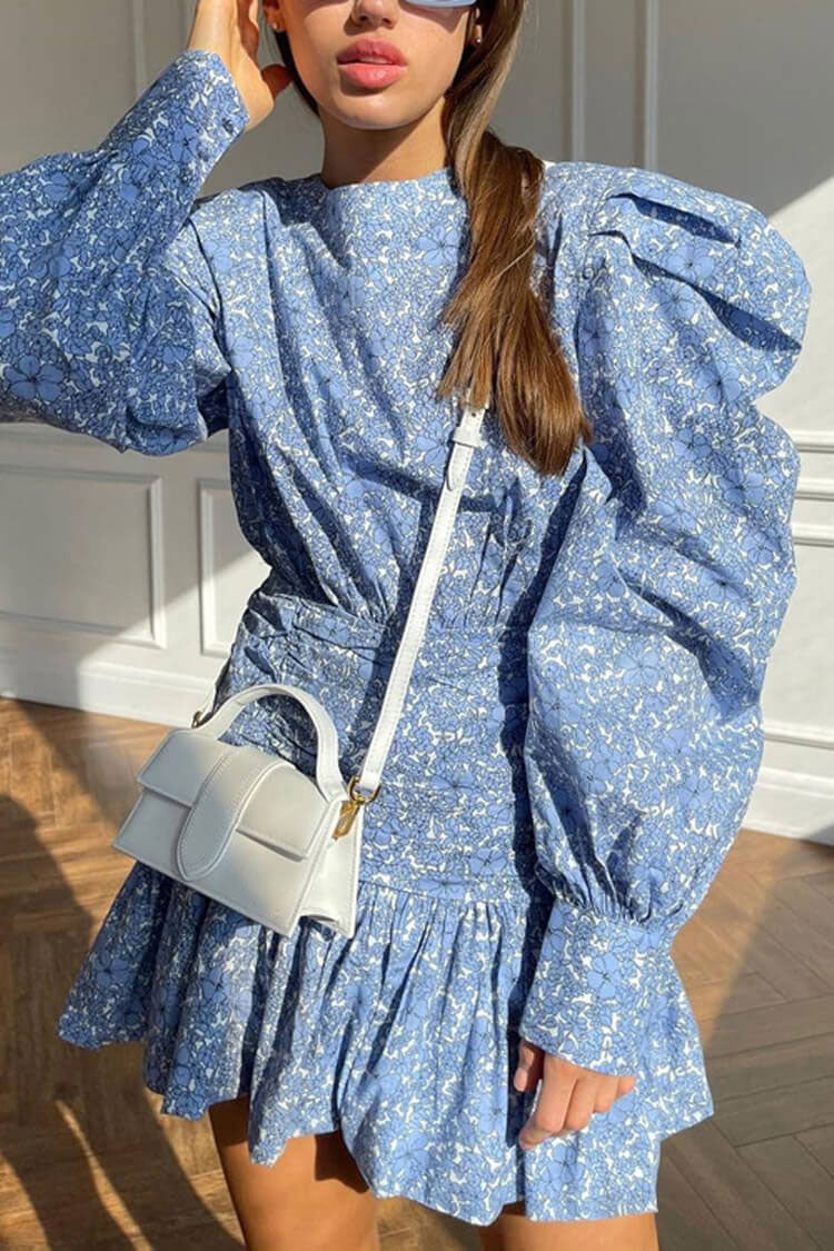 French Style Floral Print Crew Neck Balloon Sleeve Ruched Ruffle Mini Dress