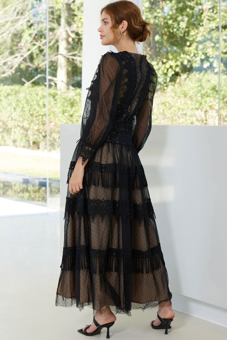 French Lace Neck Puff Sleeve Split Evening Maxi Dress - Black - View 3