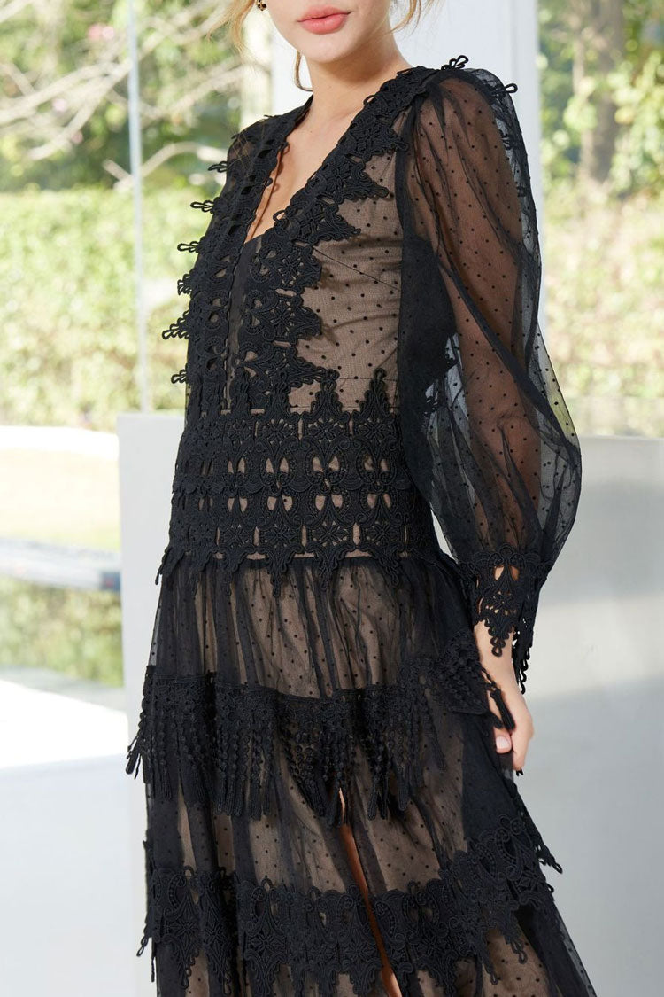 French Lace Neck Puff Sleeve Split Evening Maxi Dress - Black - View 5
