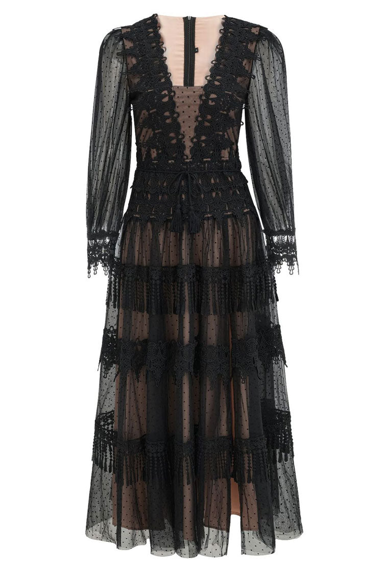 French Lace Neck Puff Sleeve Split Evening Maxi Dress - Black - View 6