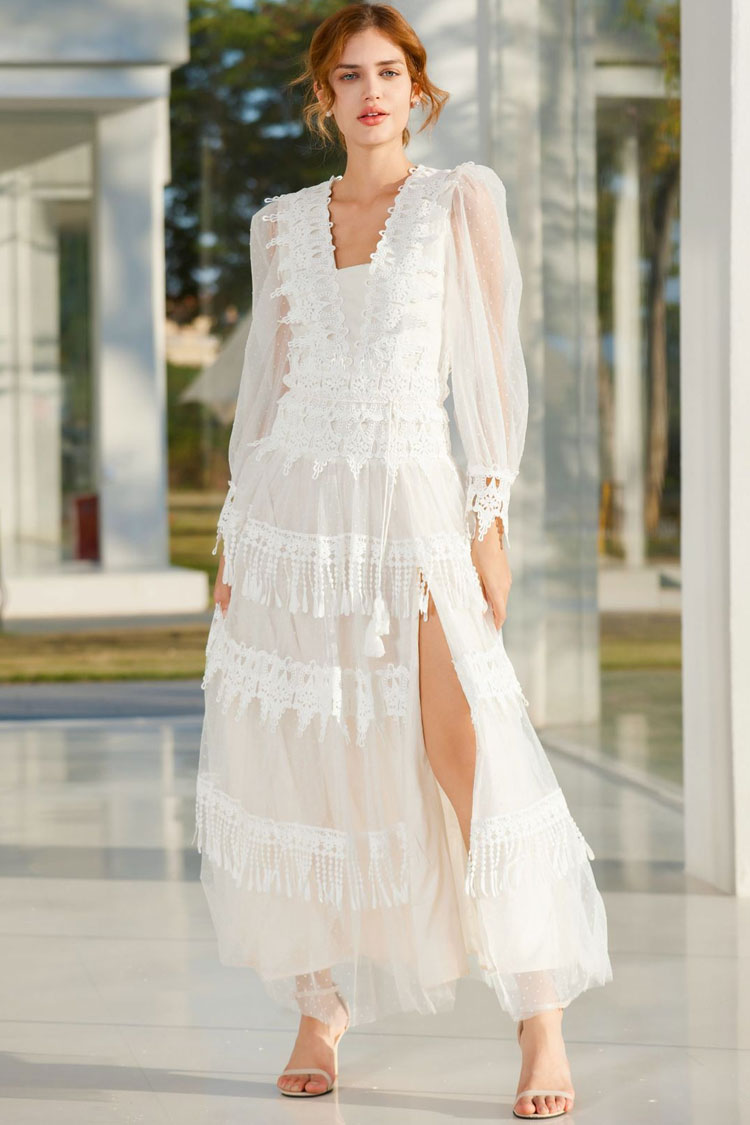Lace V-Neck Sheer Long Sleeve Tiered Fringe Trim High Split Maxi Dress