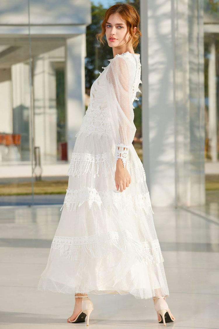 French Lace Neck Puff Sleeve Split Evening Maxi Dress - White - View 4