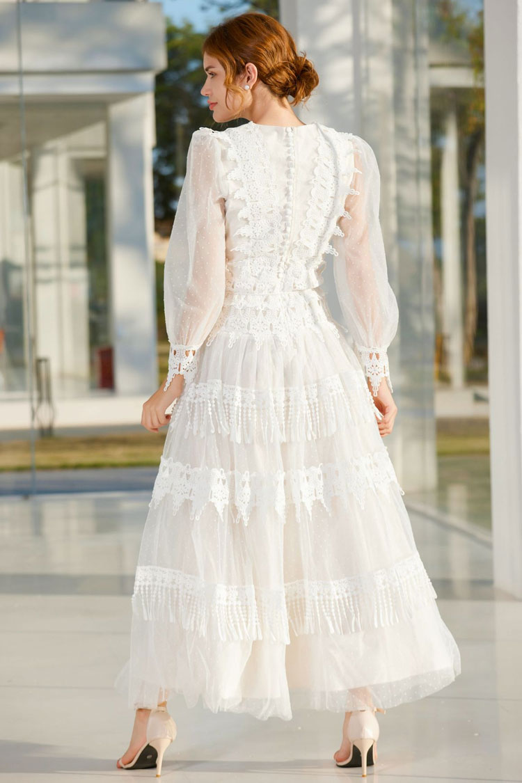 French Lace Neck Puff Sleeve Split Evening Maxi Dress - White - View 5