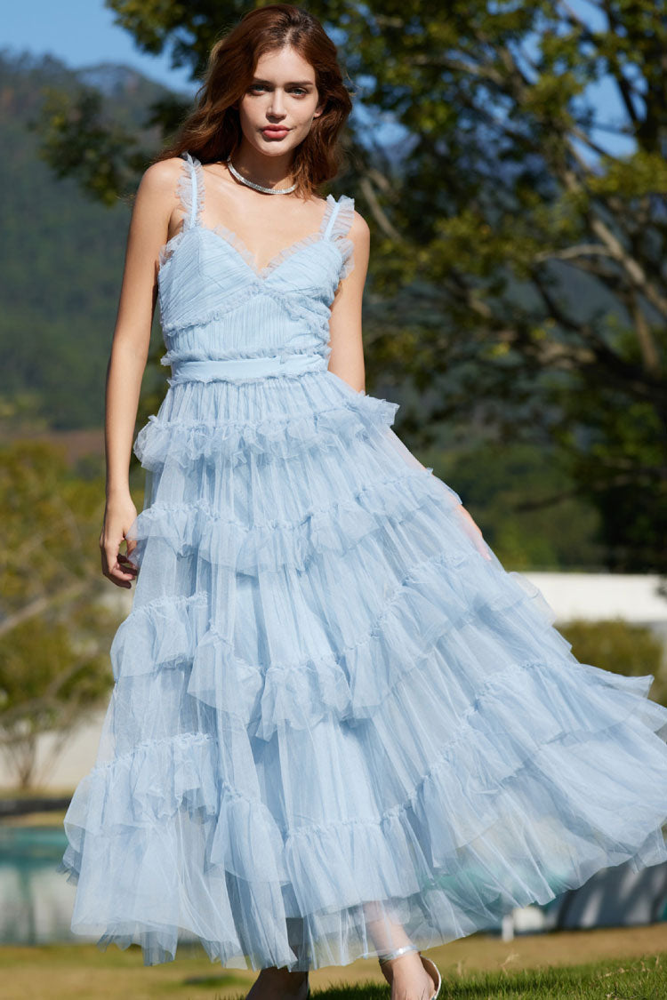 V-Neck Ruffle Strap Tiered Tulle Fit and Flare Midi Dress