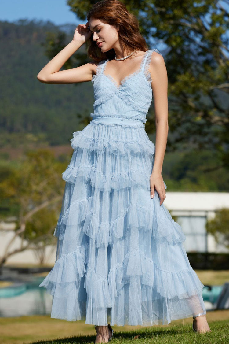 V-Neck Ruffle Strap Tiered Tulle Fit and Flare Midi Dress