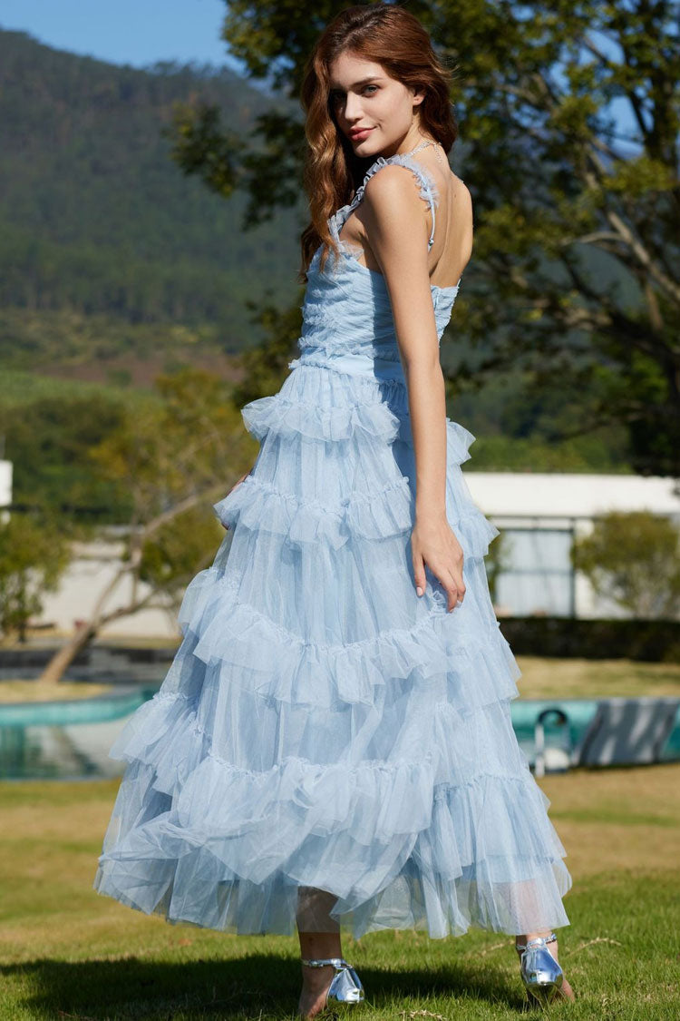 V-Neck Ruffle Strap Tiered Tulle Fit and Flare Midi Dress