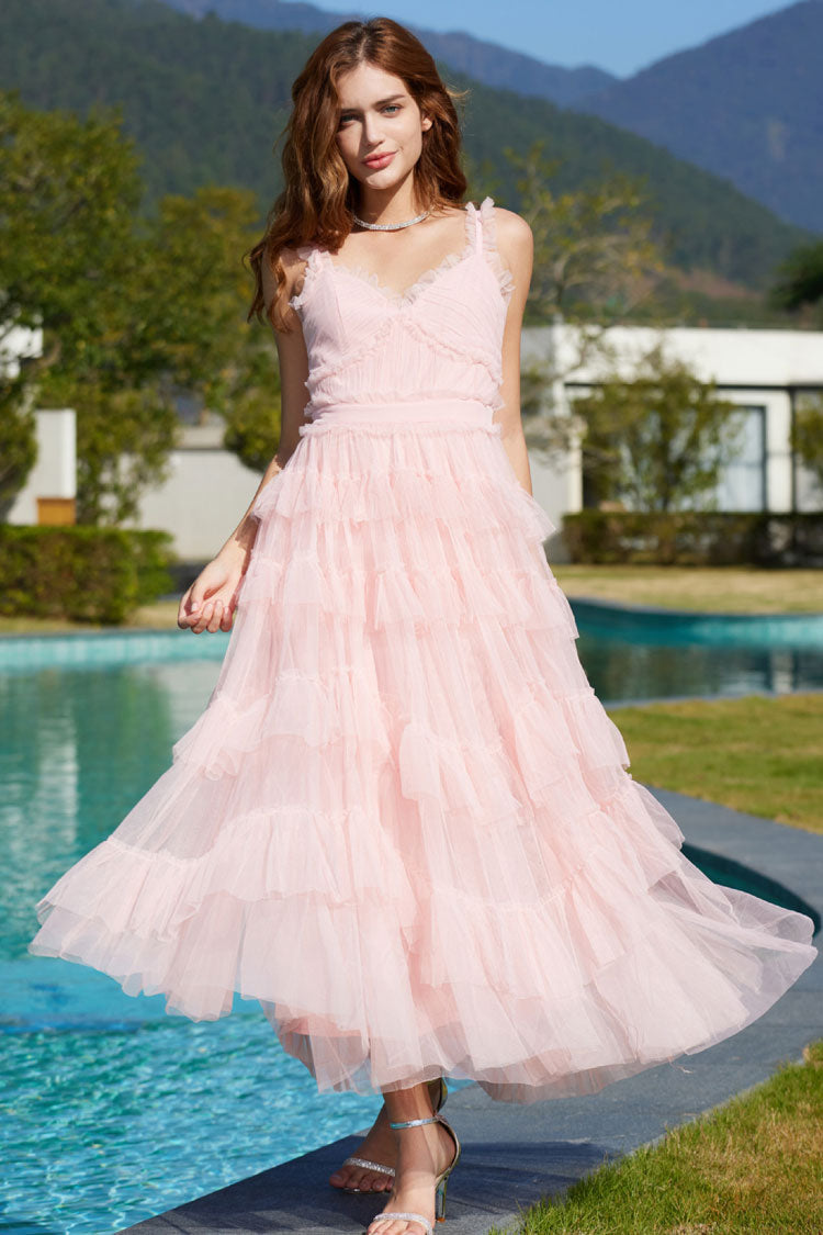 V-Neck Ruffle Strap Tiered Tulle Fit and Flare Midi Dress