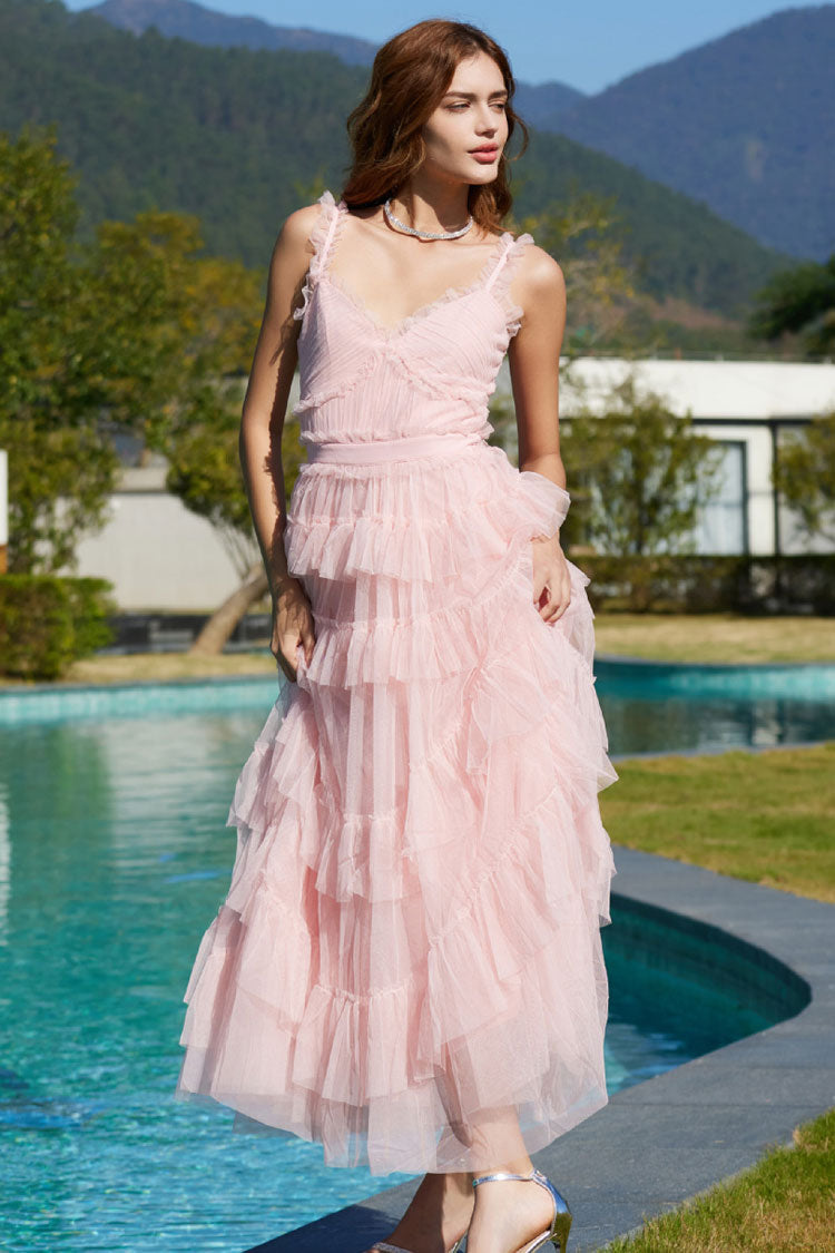 V-Neck Ruffle Strap Tiered Tulle Fit and Flare Midi Dress