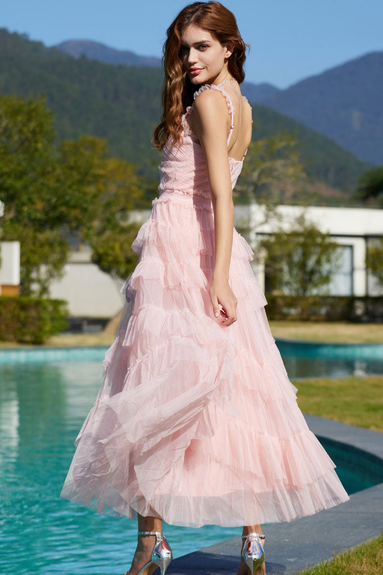 V-Neck Ruffle Strap Tiered Tulle Fit and Flare Midi Dress