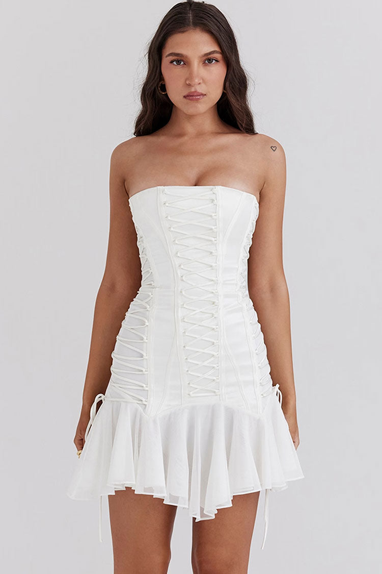 Strapless Lace Up Corset Ruffle Hem Mini Dress