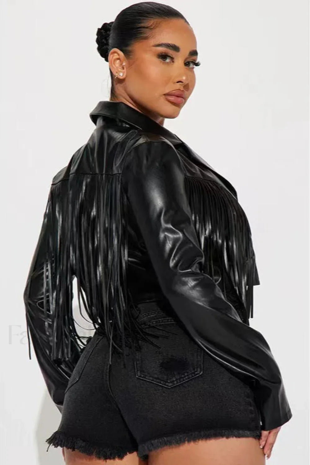 Fringe Trim Faux Leather Cropped Jacket