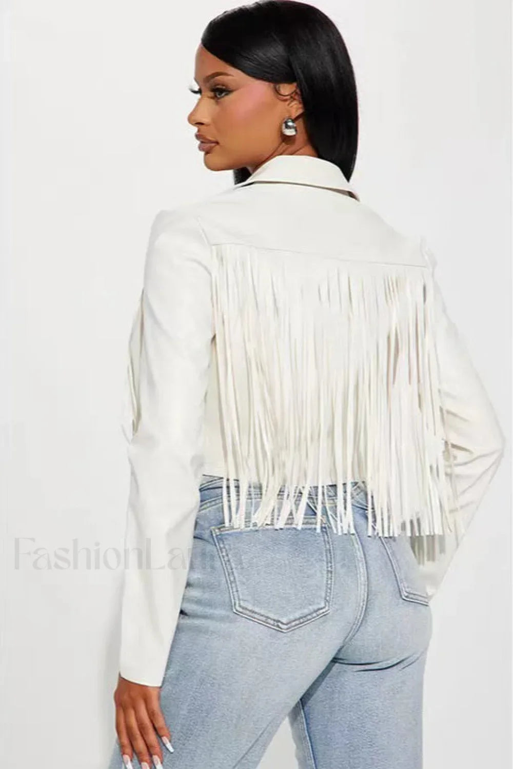Fringe Trim Faux Leather Cropped Jacket
