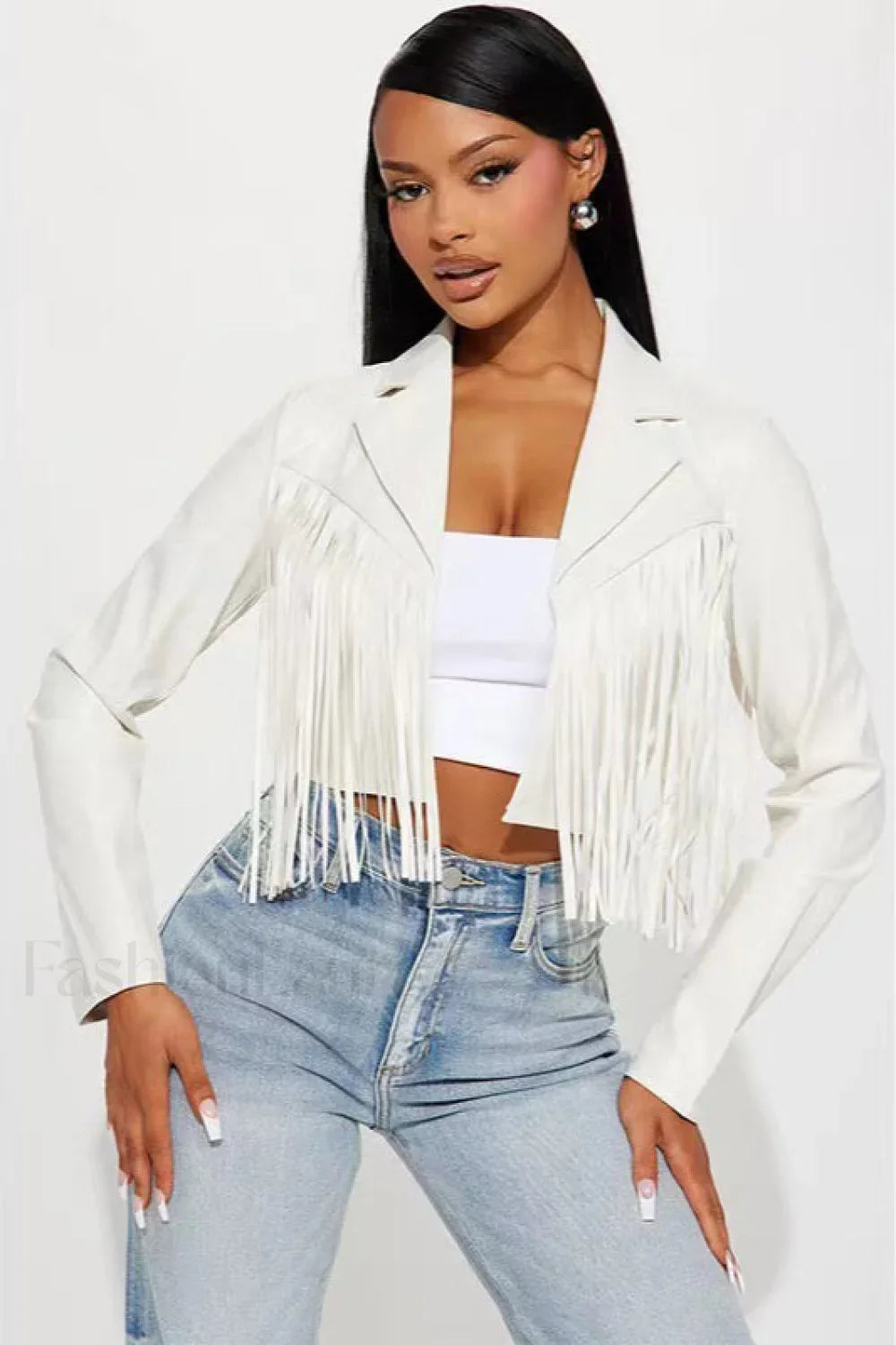 Fringe Trim Faux Leather Cropped Jacket White / S